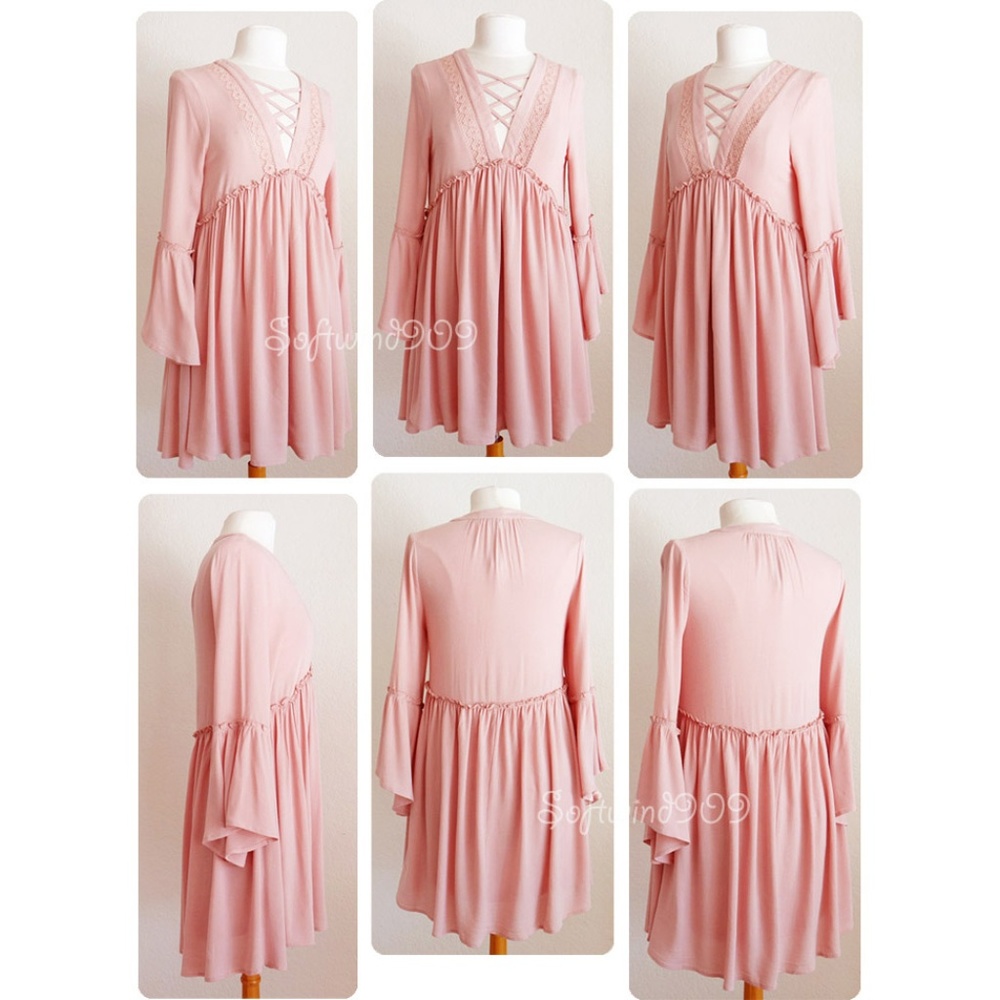 Last☝️Pink Laced Up Bell Sleeves Boho Swing Dress - Picture 7 of 8